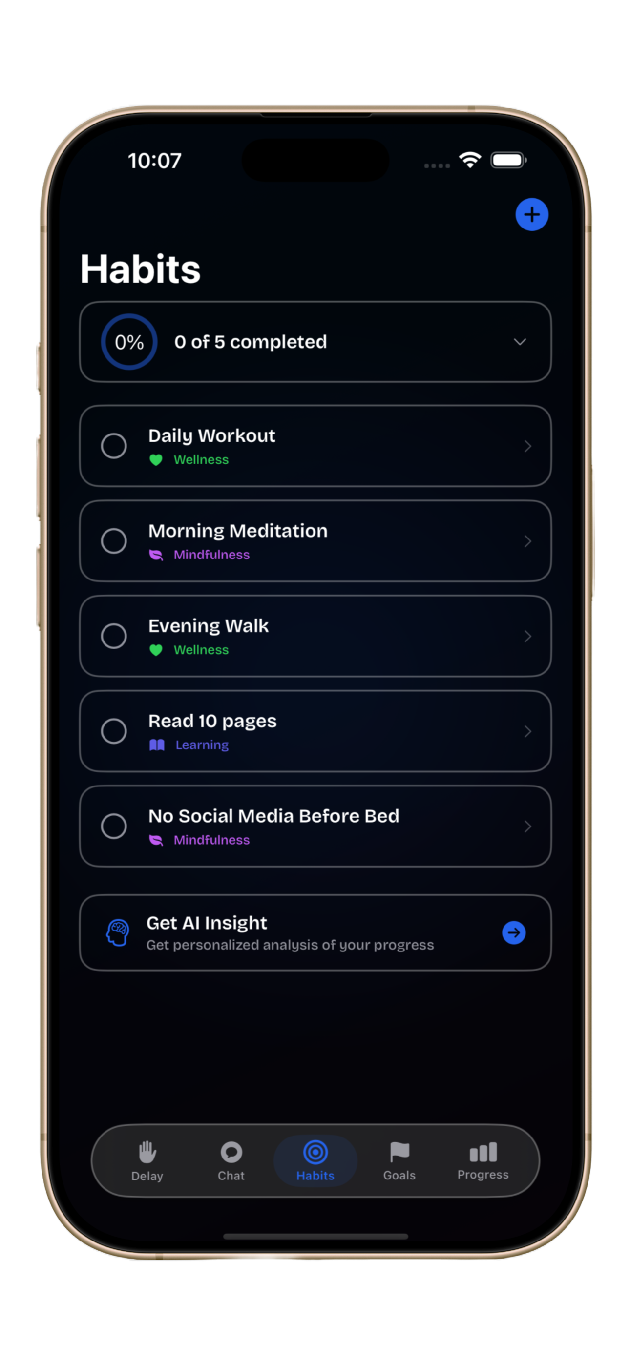 Clyrify Habit Tracker showing daily habits with categories