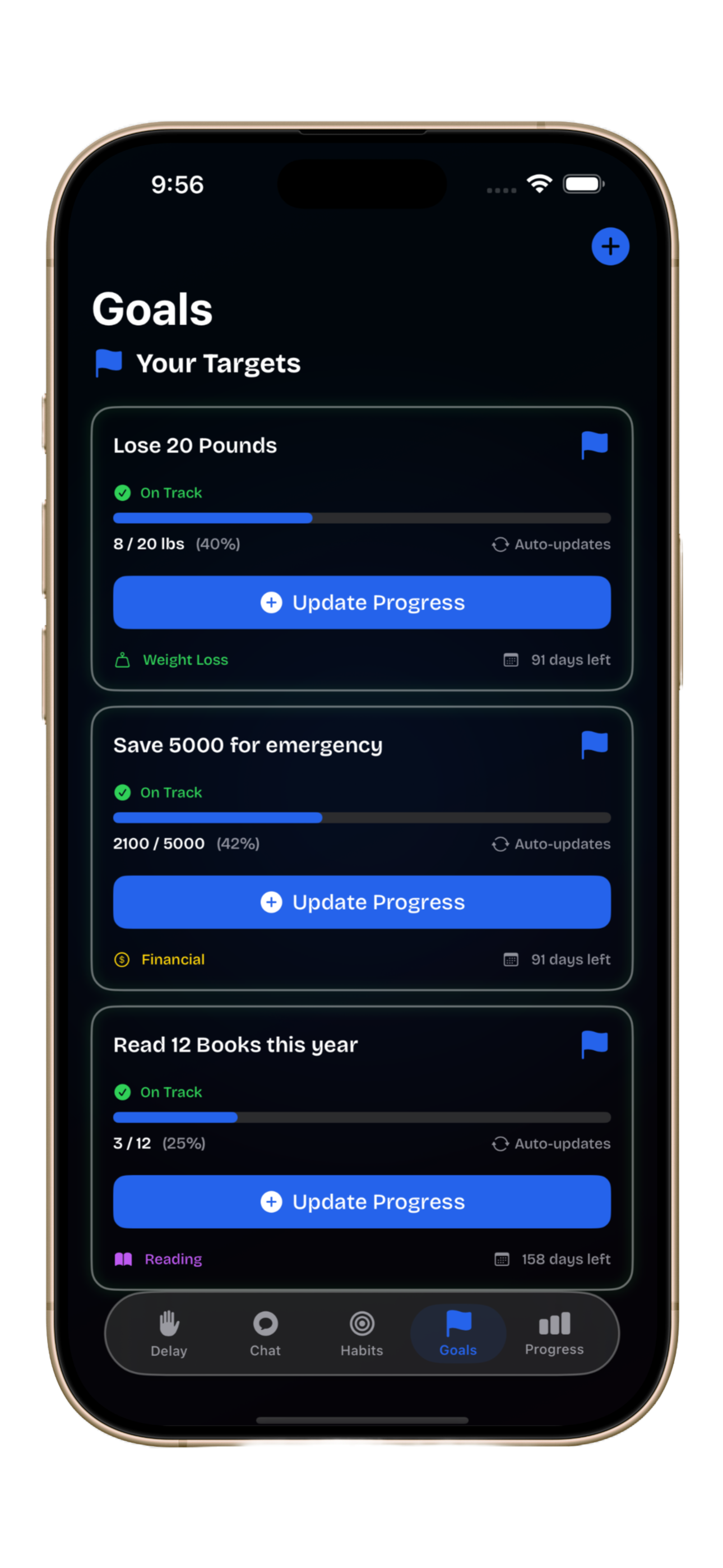 Clyrify Goal Tracker showing weight loss, financial, and reading goals